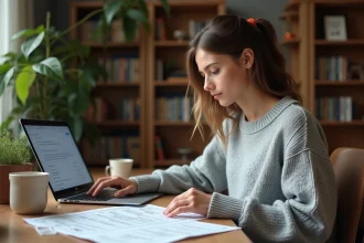 Jeune femme révisant ses questions de permis de conduire avec un PDF imprimé et un ordinateur portable sur un bureau en bois