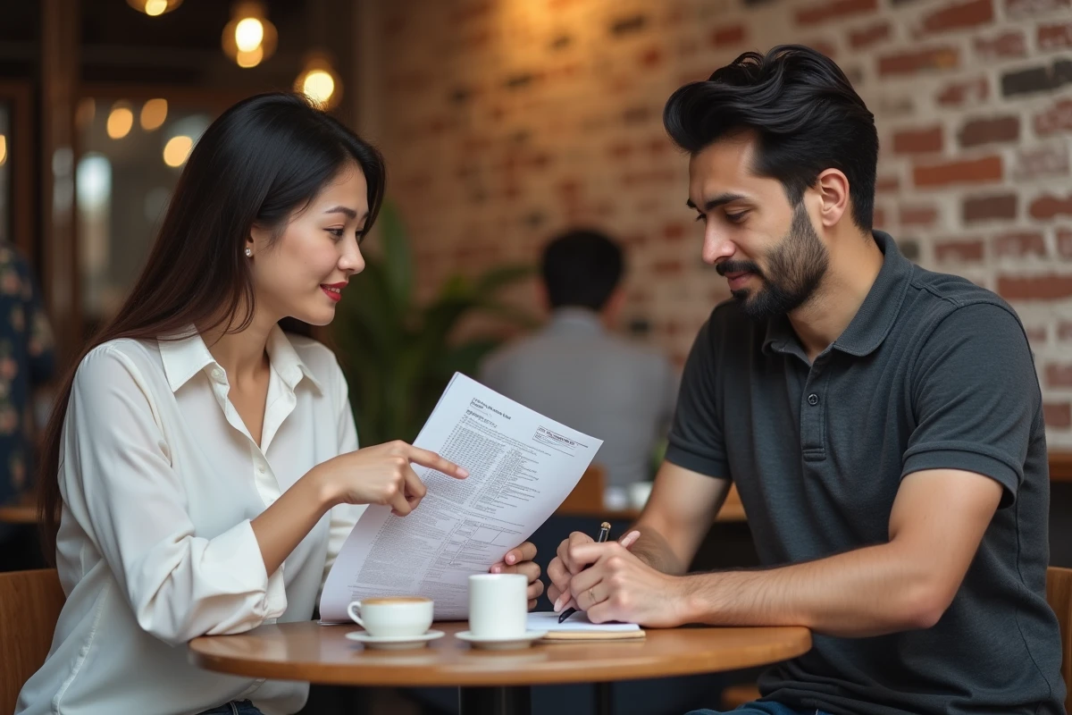 Deux collègues révisant ensemble un exemple de test TOEIC dans un café urbain