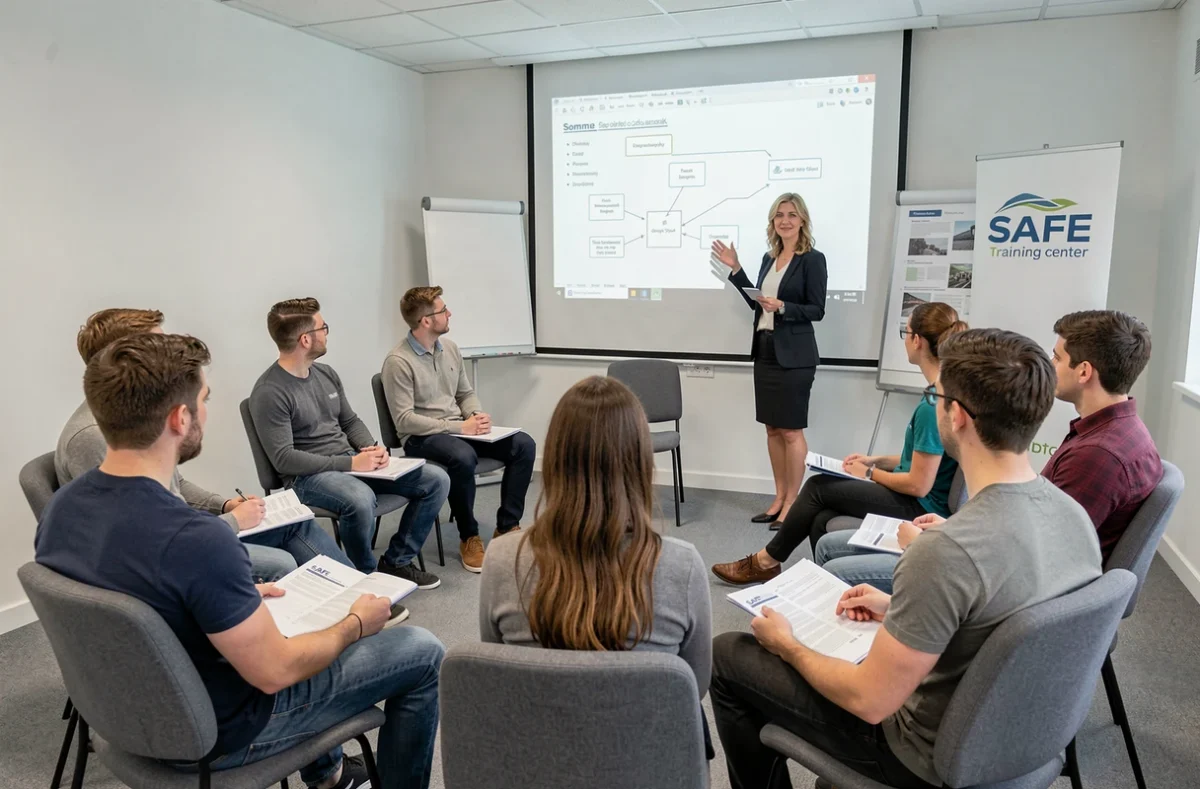 Session de formation spécialisée animée par une formatrice SAFE dans une salle professionnelle de la Somme avec un groupe de stagiaires adultes