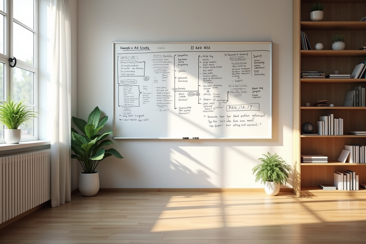 Espace de travail avec tableau blanc et étagères bien rangées