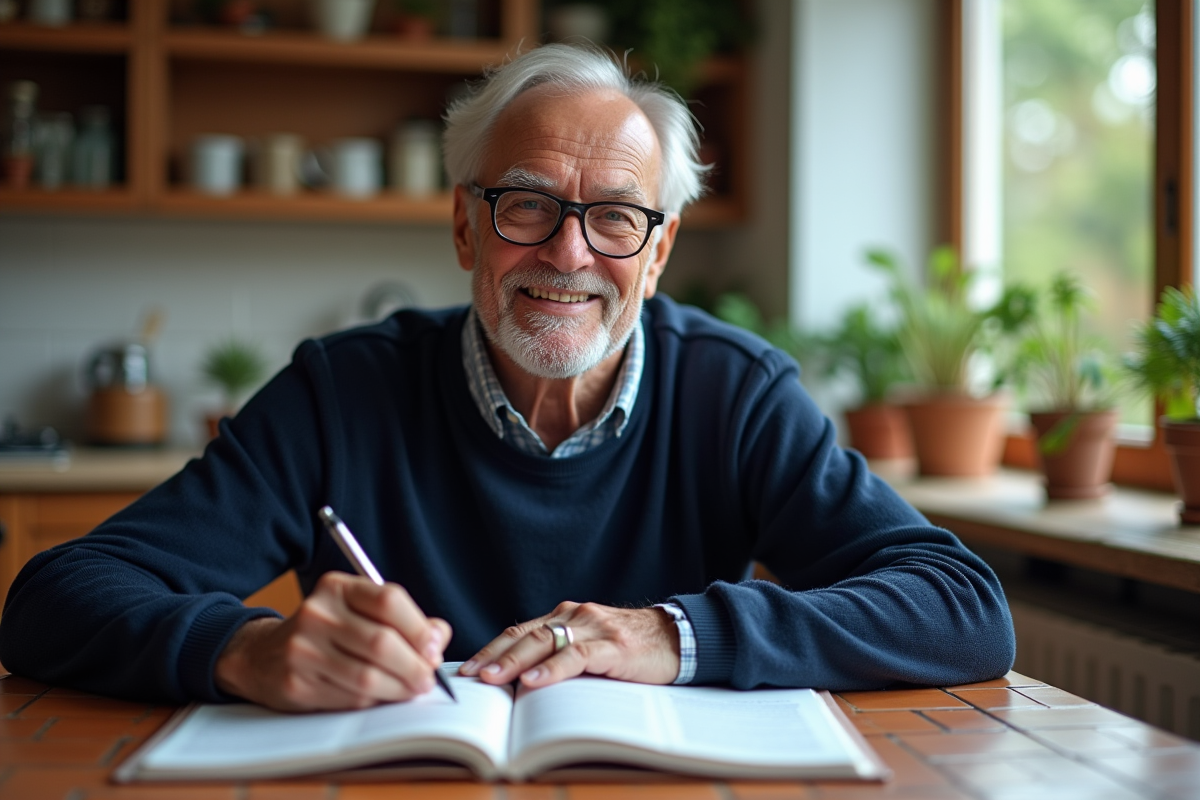 Homme senior souriant étudiant un livre de langue dans sa cuisine
