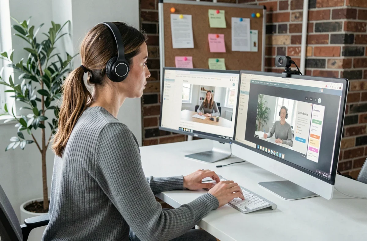 Apprenante adulte suivant une formation en ligne via une plateforme numérique interactive de Sowelearn