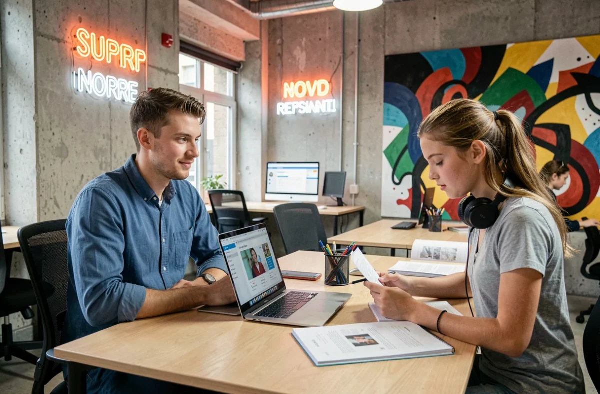 Tuteur Superprof dans le Nord travaillant avec une étudiante dans un espace de co-working moderne de type urbain