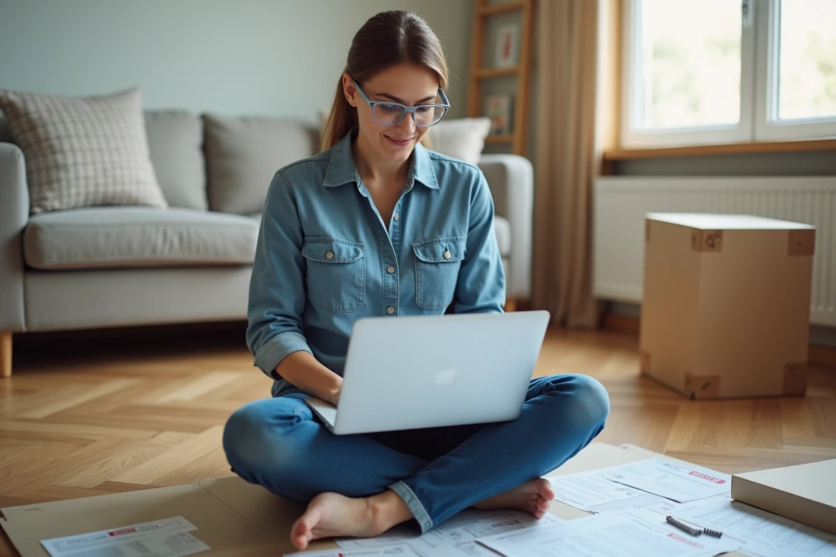 Femme suivant un tutoriel de bricolage en ligne sur ordinateur portable pour assembler des meubles à domicile