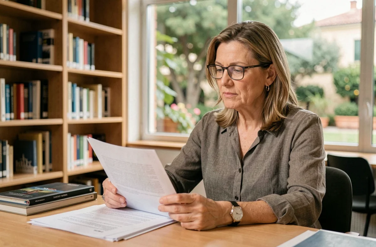 Étudiante adulte préparant un dossier de VAE dans la bibliothèque de l'Université Côte d'Azur à Nice