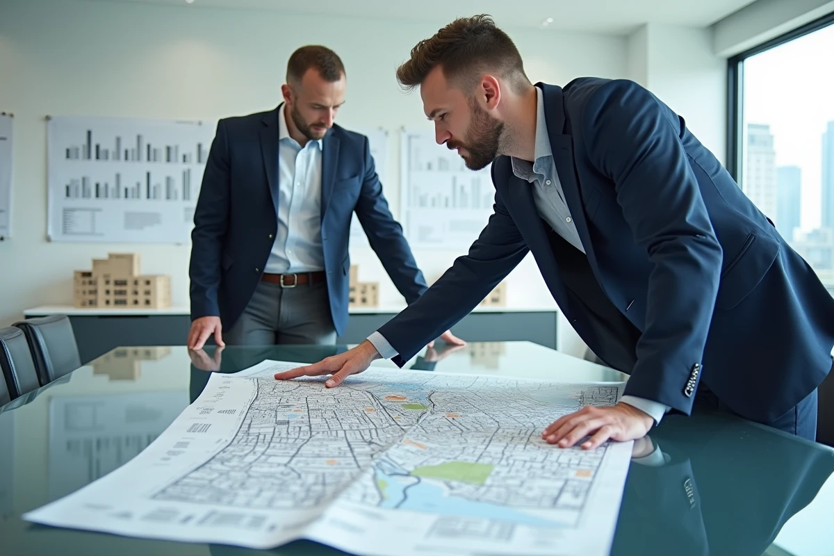 Urbaniste spécialisé en zonage étudiant un plan de ville dans un bureau moderne, métier en Z lié à l'urbanisme