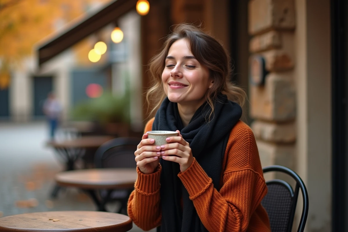 Jeune femme hypersensible savourant un café en terrasse, illustrant l'expérience sensorielle multisensorielle et le modèle VAKOG