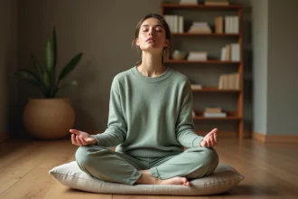 Femme pratiquant la pleine conscience et l'exploration sensorielle VAKOG, assise sur un plancher en bois dans un salon minimaliste
