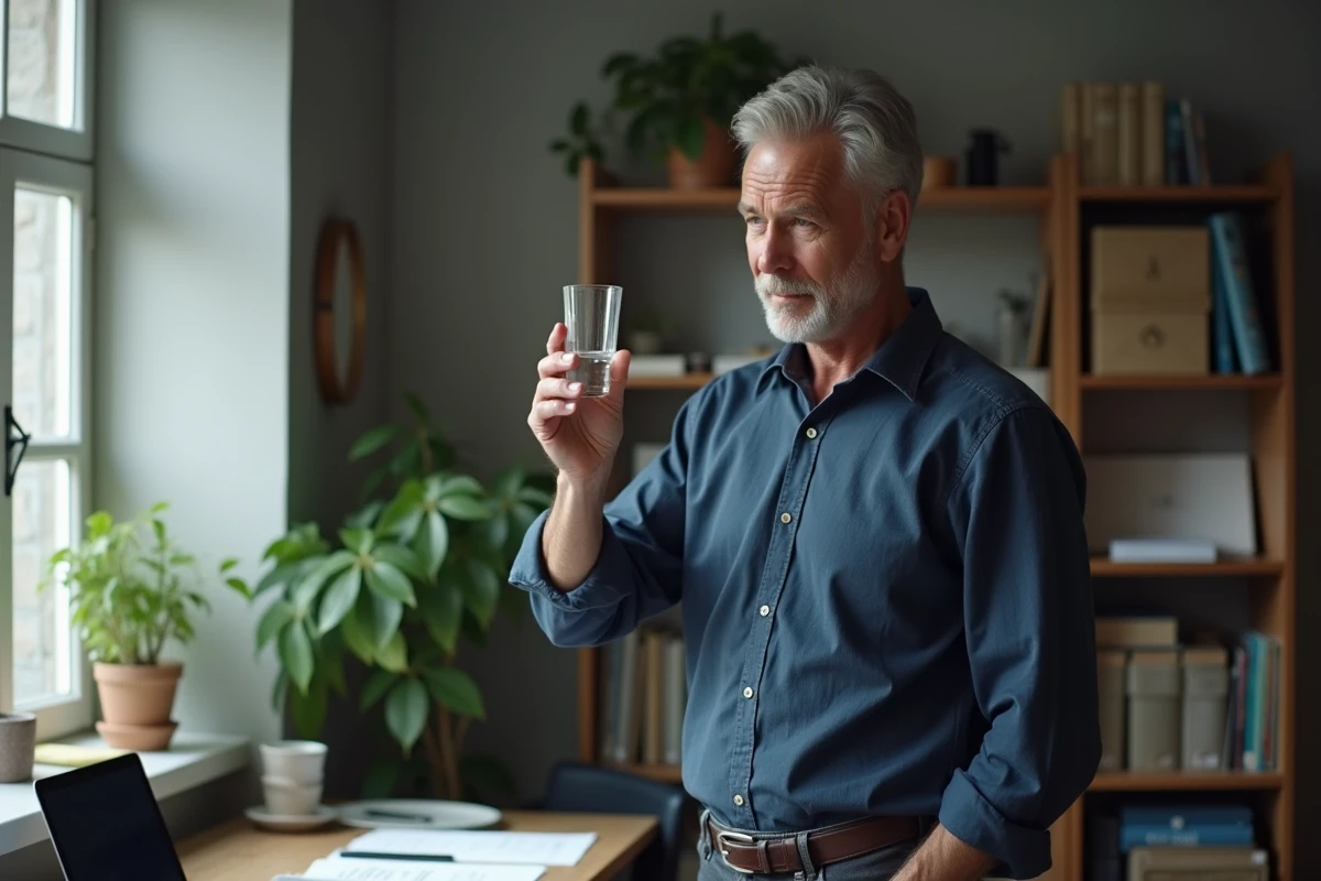 Homme observant attentivement un objet près d'une fenêtre, illustrant la perception visuelle et le système sensoriel VAKOG