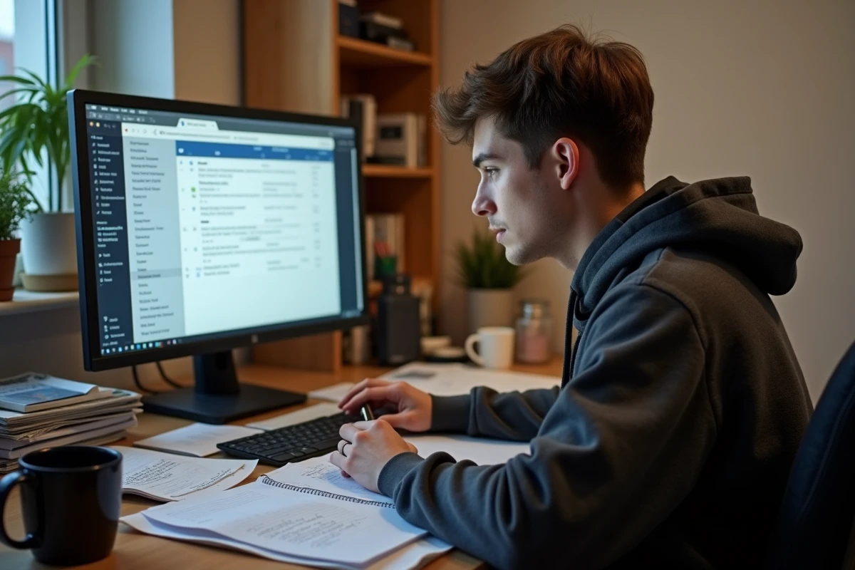 Étudiant vérifiant les étapes d'inscription à un examen sur Cyclades depuis son bureau à domicile