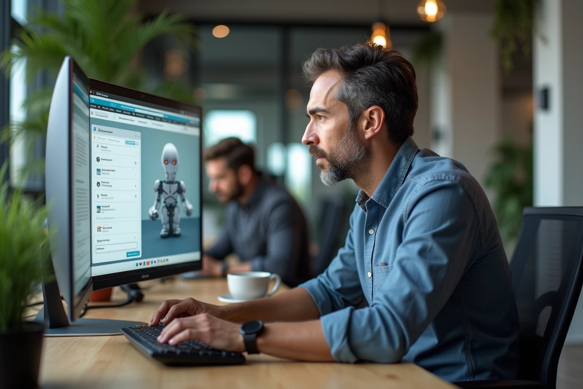 Professionnel comparant une réponse d'IA juridique avec une base de données légale officielle sur ordinateur dans un espace de coworking