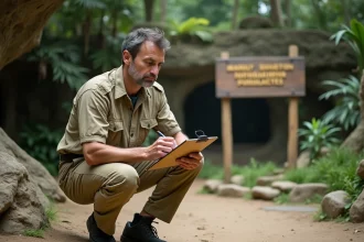 Zoologiste professionnel observant des animaux dans un zoo, prenant des notes sur le terrain, métier en Z