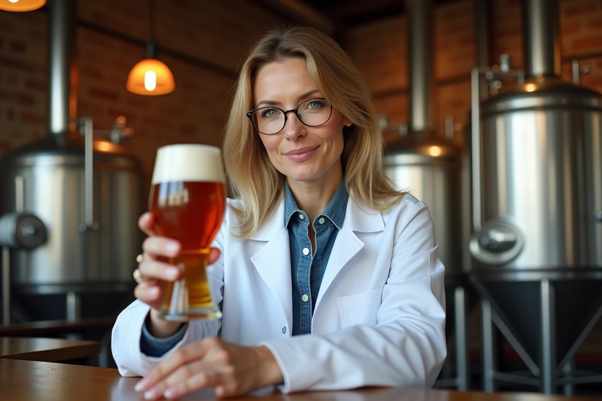 Zythologue féminine analysant une bière artisanale dans une brasserie, métier de dégustatrice de bières en Z